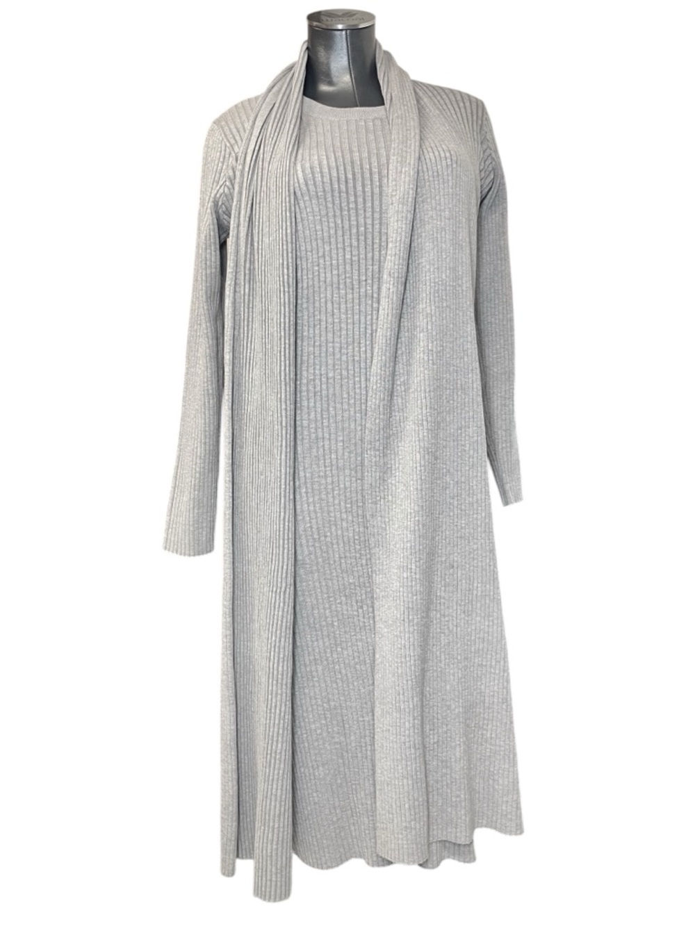 NWT Magaschoni 2 Piece Ribbed Knit Dress & Cardigan Set Women’s L Gray Heather